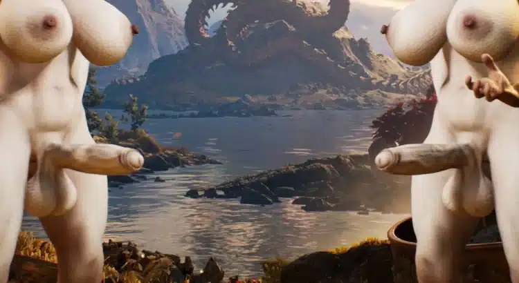 Modded Mortal Kombat 1 FUTA characters posing together with enhanced bodies in a scenic lakeside environment.