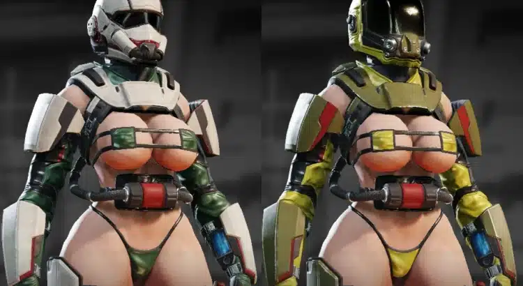 Helldivers 2 female diver wearing heavily modified CM-09 and AF-02 armour variants with revealing NSFW-style redesigns.