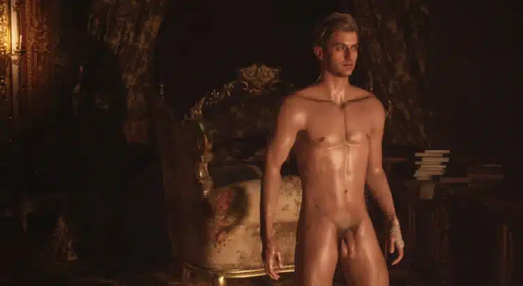 Ethan Winters nude body replacement mod in Resident Evil Village, standing in a dimly lit castle bedroom.