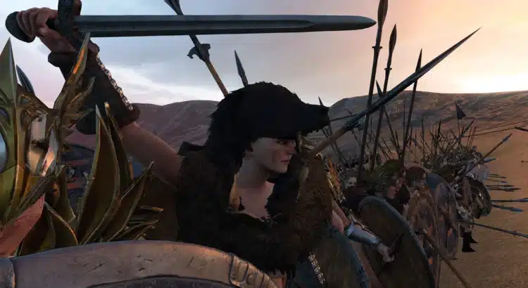 Female warrior leading a shield wall in Mount & Blade II: Bannerlord with spears raised at sunset.