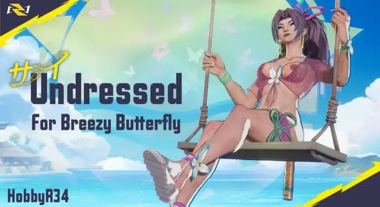 Psylocke Undressed Breezy Butterfly mod showcase with character sitting on a swing in Marvel Rivals.