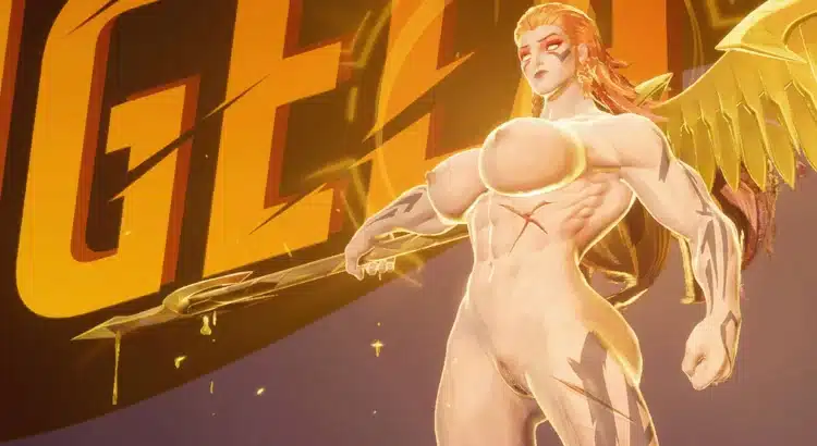 Marvel Rivals Nude Angela mod showcase with golden wings and dramatic lighting.