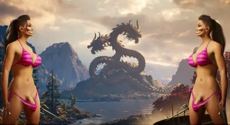 Mortal Kombat 1 FUTA Mileena bikini mod with two Mileena models facing each other in a scenic mountain stage.