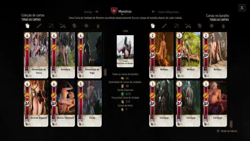 Monster faction card collection showing modded artwork in The Witcher 3’s Gwent deck menu.