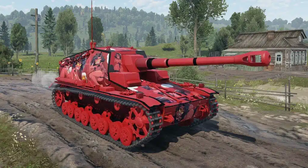 War Thunder tank with full-body Millie Helluva Boss NSFW artwork on red chassis