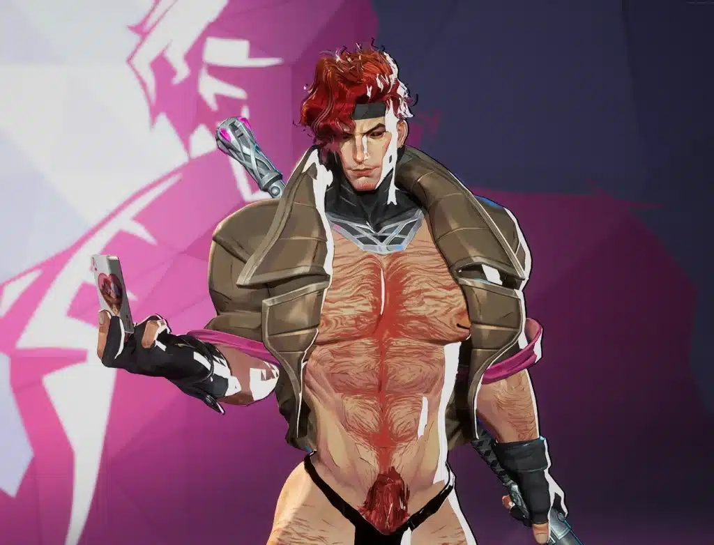 Marvel Rivals nude Gambit mod close-up holding a card with muscular hairy physique.