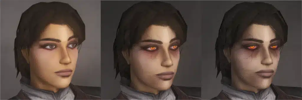 KOTOR 2 female Exile dark side texture progression with upscaled facial details