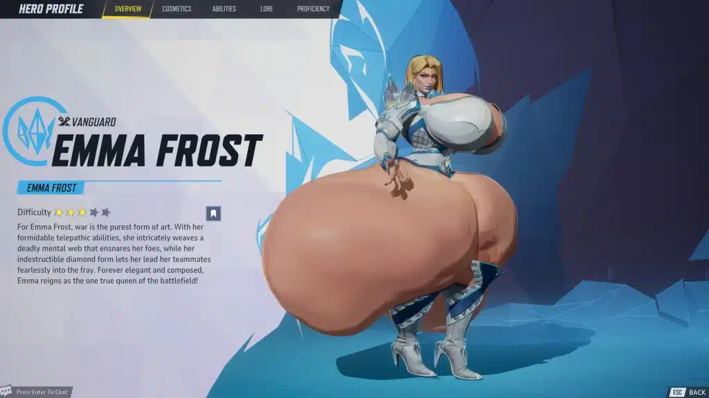 Emma Frost NSFW mod with extreme lower-body proportions inside Marvel Rivals HQ