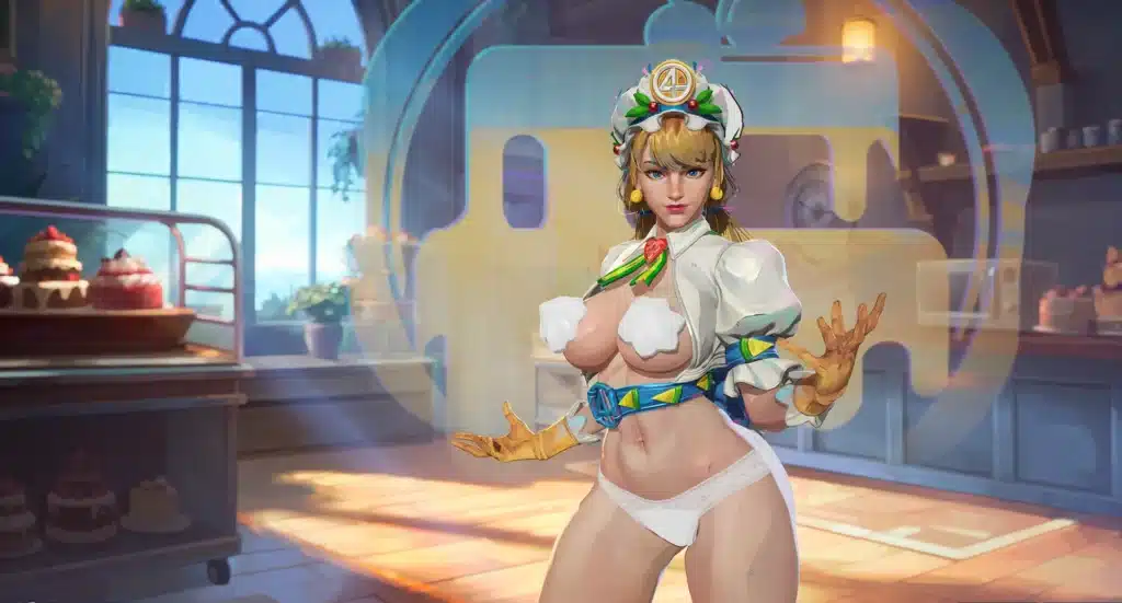 nvisible Woman NSFW dessert mod spinning in milk and pastry swirl in Marvel Rivals.