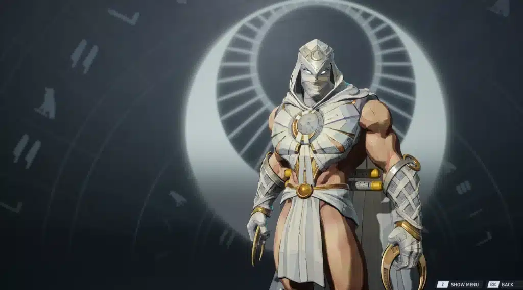 Back view of Moon Knight standing in front of a glowing crescent moon symbol.