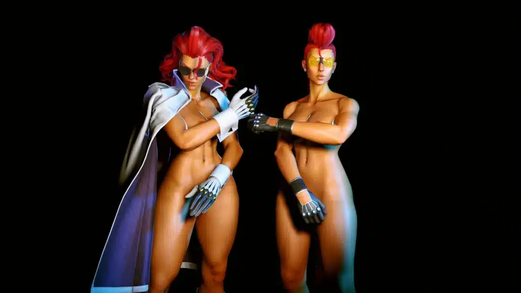 Crimson Viper nude mod comparison showing regular and thicc body variants in a pose preview.