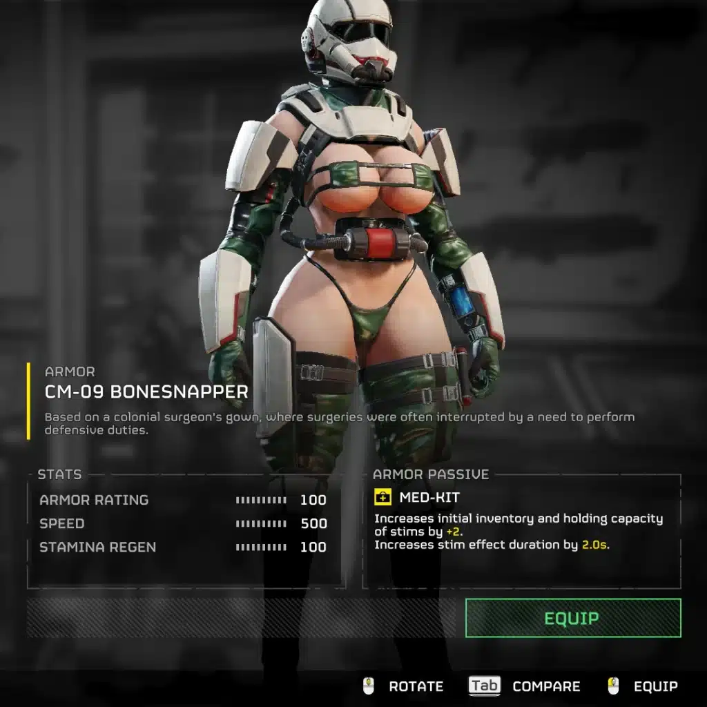 Helldivers 2 CM-09 Bonesnapper armour modded with an NSFW body redesign in the character loadout menu.