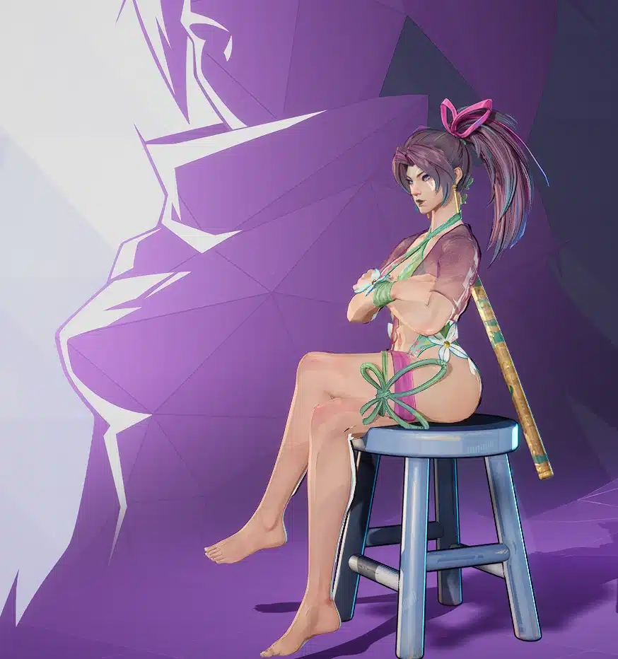 Psylocke sitting on a stool barefoot in her Summer Skin after applying the no-shoes mod.