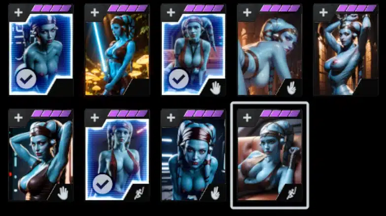 Preview of Aayla Secura Sexy Star Cards mod showing custom NSFW card artwork in the Star Wars Battlefront II interface.