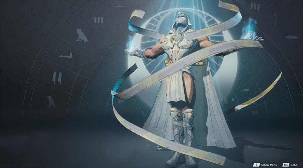 Moon Knight posing with dual batons raised in front of a giant crescent symbol.