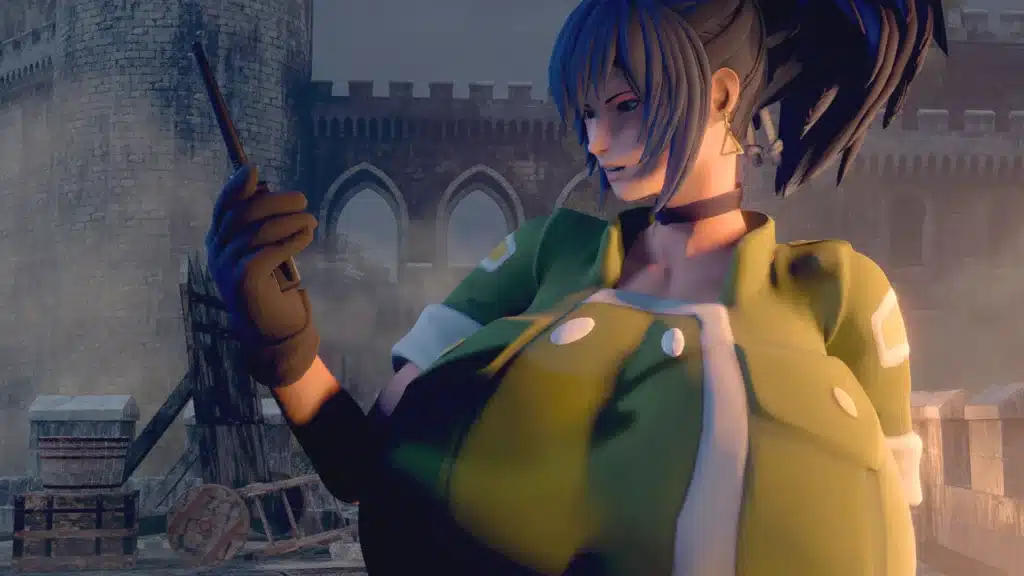 Close-up scene of the Leona Heidern mod interacting with a radio device in Resident Evil 4.