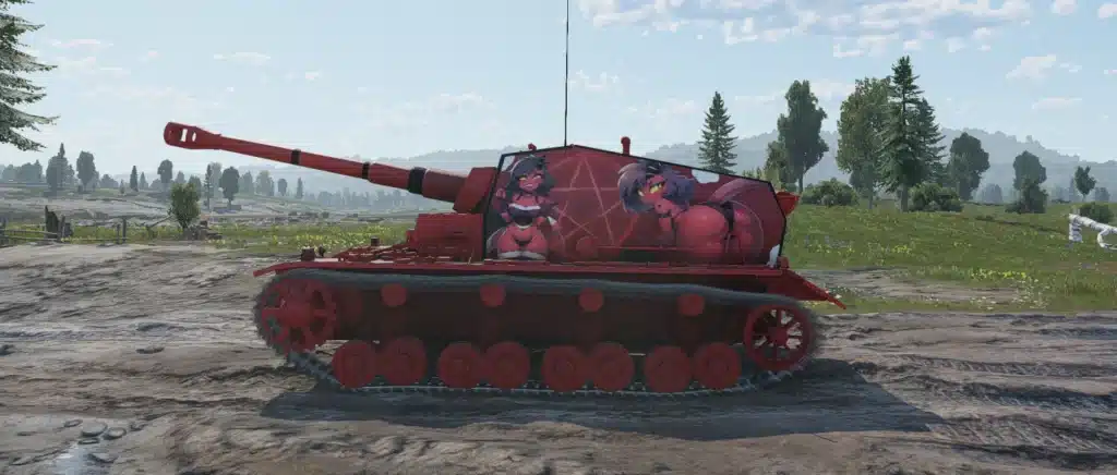 War Thunder tank showing Millie Helluva Boss NSFW art and pentagram background on the turret