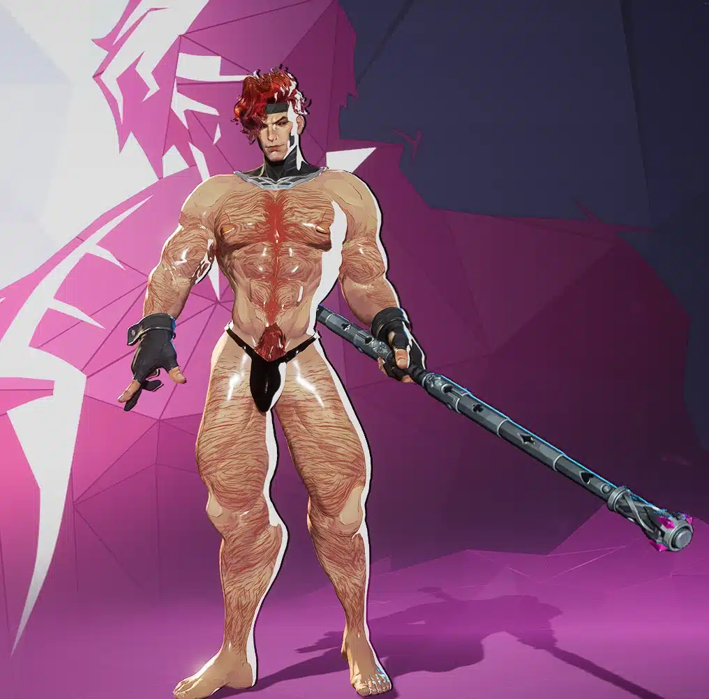 Full-body nude Gambit mod with oiled muscular skin and minimal thong in Marvel Rivals.