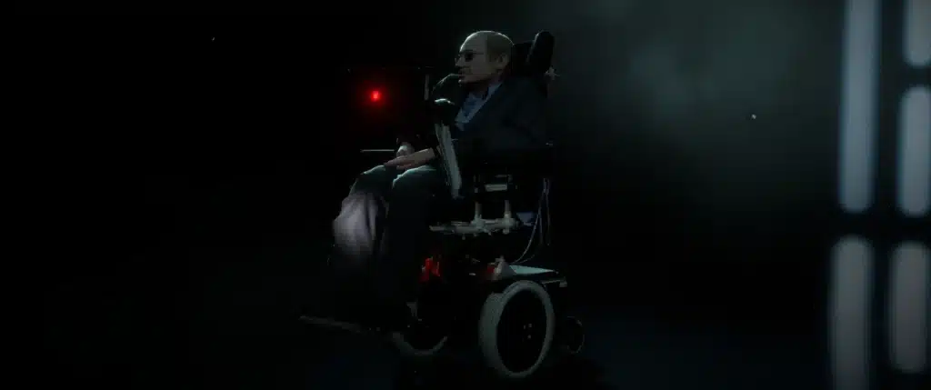 This image features a high-detail render of the Stephen Hawking BB-8 mod, showcasing the custom wheelchair, wiring, and mounted communication screen. Set against a dark, star-filled backdrop, it highlights the modder’s attention to realism and atmospheric lighting. The shot emphasizes how seamlessly the asset fits into Battlefront II’s visual style.