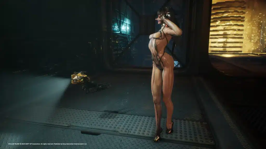 Enhanced Stellar Blade character standing in a high-tech industrial area wearing a detailed biomechanical suit.