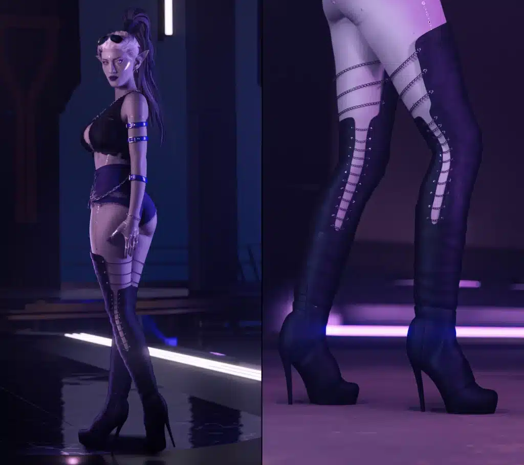 Cyberpunk 2077 character modeling dark Chxin Thigh High Boots with chain accents under purple club lighting.