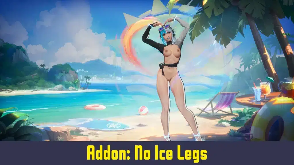 Nude Luna Snow Cool Summer mod with No Ice Legs addon enabled on a tropical beach background.