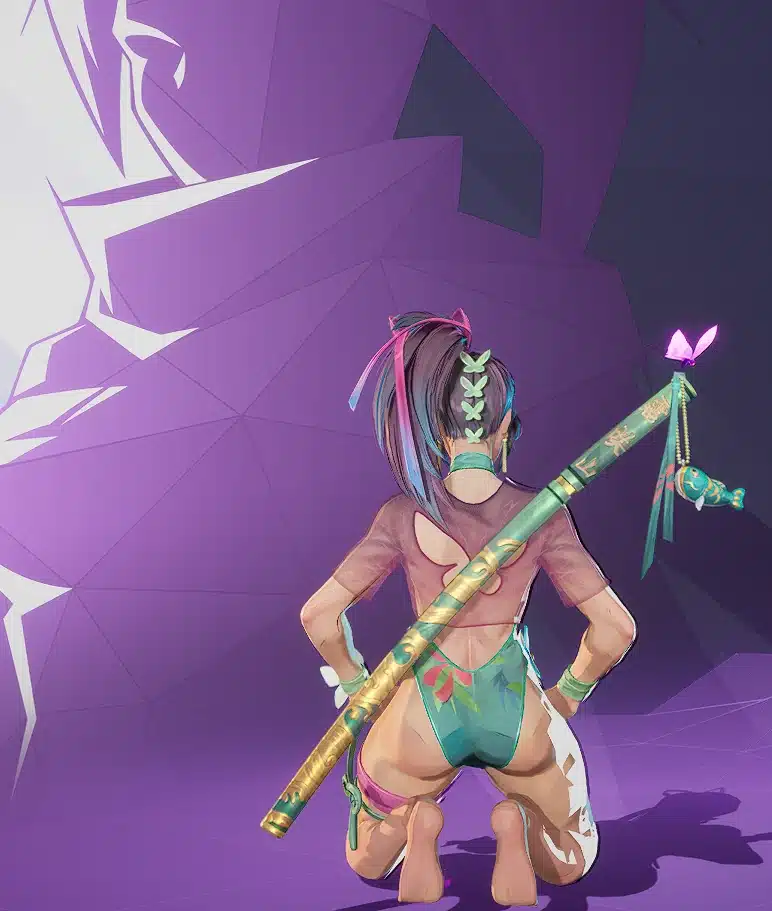 Rear view of Psylocke kneeling barefoot in her modified Summer Skin in Marvel Rivals.