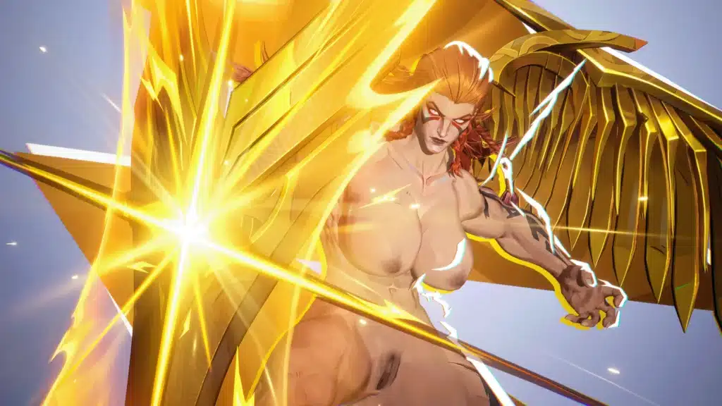 Nude Angela attacking with golden energy wings in Marvel Rivals NSFW mod.