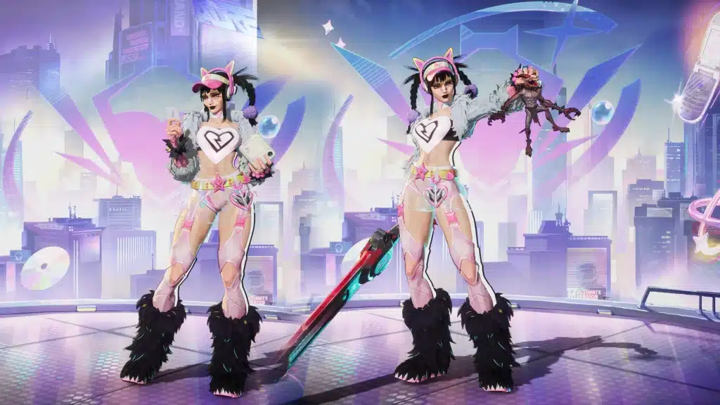 Full-body showcase of Magik Millenia Raver Girl retexture, featuring neon accessories and transparent rave-style outfit.