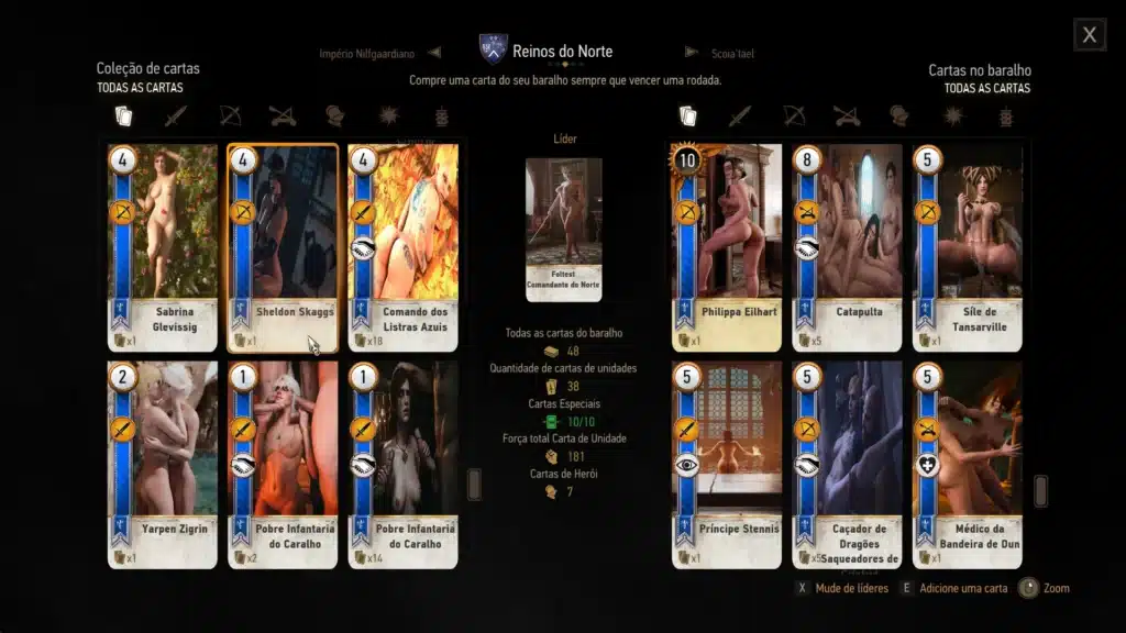 Northern Realms Gwent deck displaying modded card textures inside The Witcher 3 card collection menu.