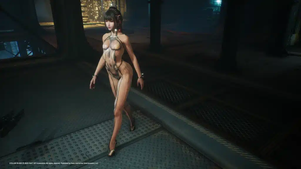 Modded Stellar Blade character walking in a metallic sci-fi facility with enhanced body proportions and detailed textures.