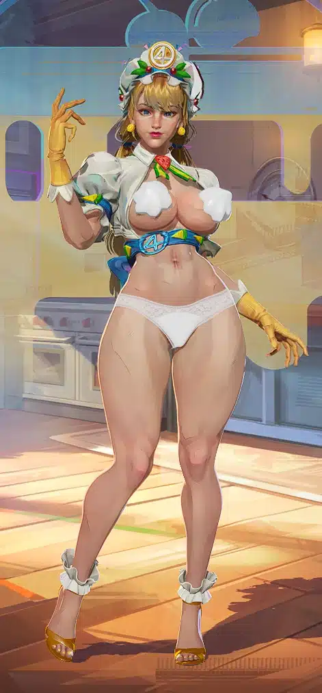 Invisible Woman standing in underwear and whipped-cream pasties in Marvel Rivals Nude Dessert mod.