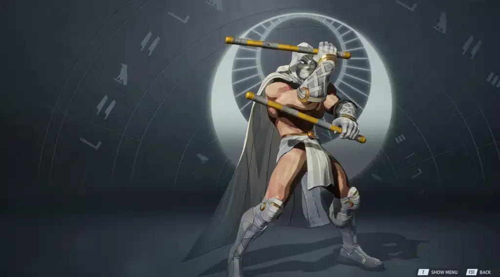 Close-up of Moon Knight in white armor with a detailed chest emblem and glowing eyes.