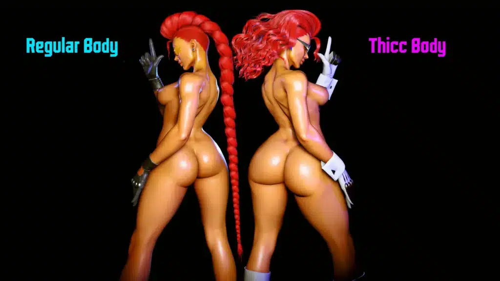 Back-view comparison of Crimson Viper nude mod featuring regular and thicc body types.