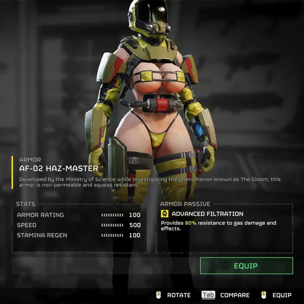 Rear view of the Helldivers 2 AF-02 Haz-Master armour modified with an NSFW-style body edit.