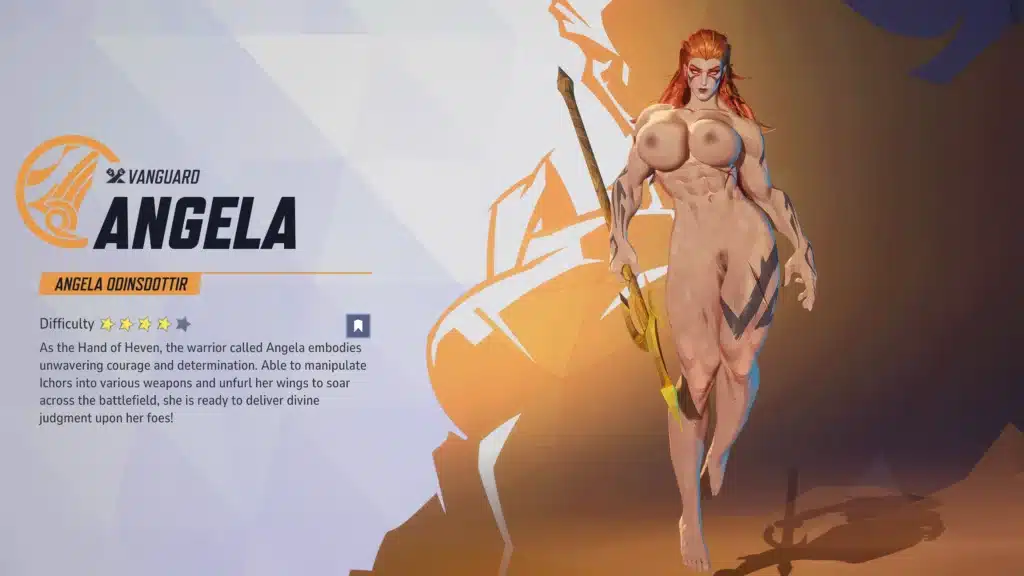 Marvel Rivals Nude Angela hero select screen front-view model.