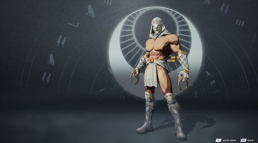 Moon Knight channeling blue lunar energy with ribbons swirling around him.