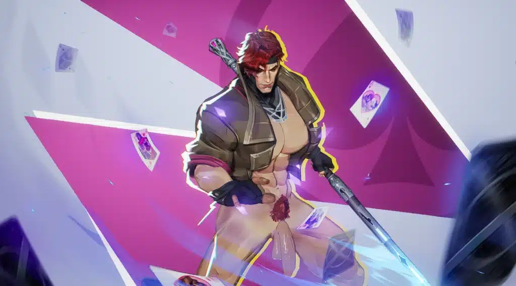 Marvel Rivals nude Gambit mod with exposed anatomy during card-throw animation.