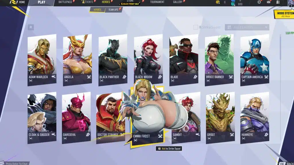 Emma Frost Bottom Heavy mod character overview in Marvel Rivals profile screen