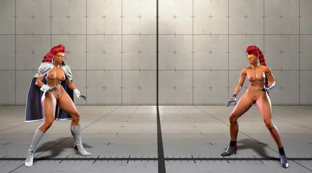 Crimson Viper nude mod in Street Fighter 6 training stage with two character variants facing off.
