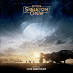 Official Star Wars: Skeleton Crew soundtrack cover featuring a starship at sunrise, a group of children running across a field, and the series logo with “Score by Mick Giacchino.”