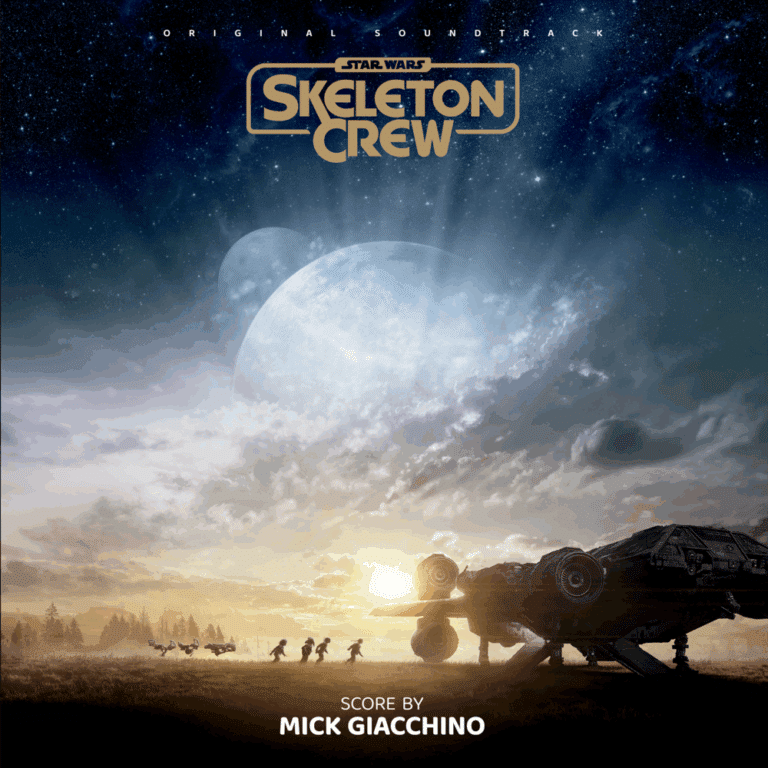 Official Star Wars: Skeleton Crew soundtrack cover featuring a starship at sunrise, a group of children running across a field, and the series logo with “Score by Mick Giacchino.”