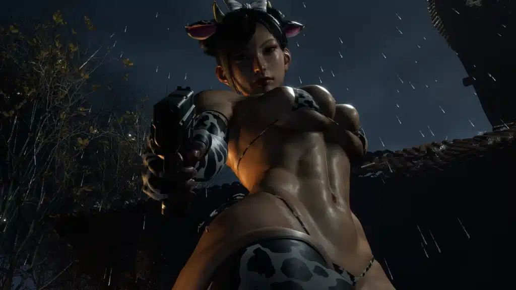 Chun-Li aiming a handgun while wearing a cow-pattern microbikini in a rainy Resident Evil 4 scene.