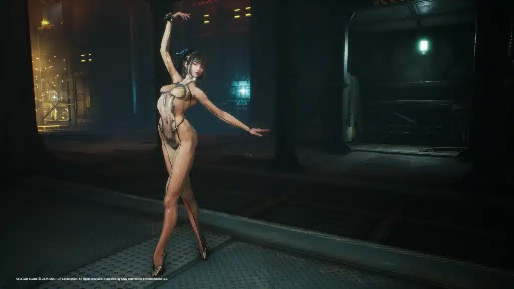 Stellar Blade modded character posing dramatically in a futuristic industrial interior.