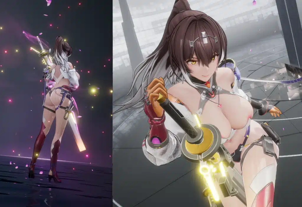 Haru-Raikou nude mod battle stance with glowing sword and breast enlargement