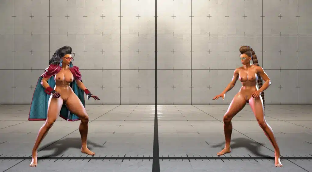 Street Fighter 6 nude Crimson Viper mod comparison featuring barefoot options on the training stage.