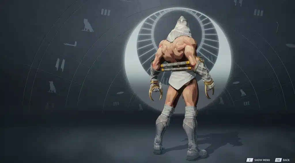 Full-body Moon Knight pose with glowing chest emblem and cloth armor.