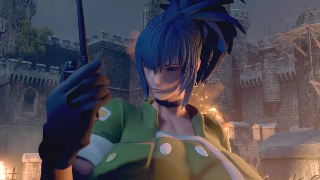 Close-up of the Leona Heidern mod holding a radio device in a castle courtyard setting.