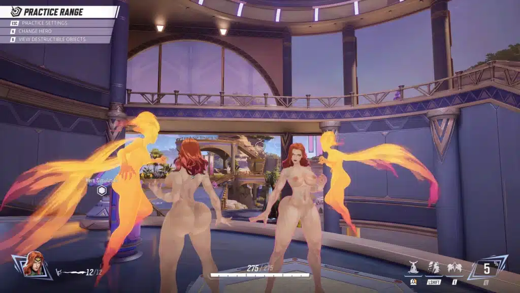 Thicc Nude Phoenix mod shown in Marvel Rivals practice range with mirror reflections.