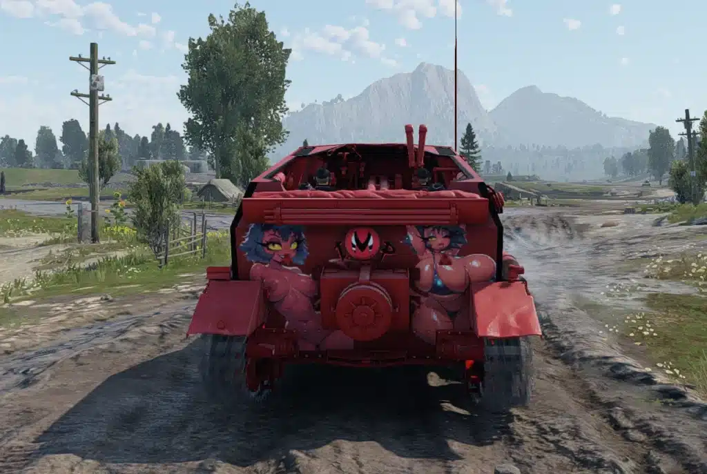 Rear War Thunder tank view with Helluva Boss Millie NSFW artwork applied to back armor